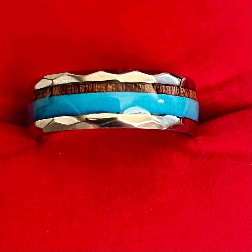 Tungsten Turquoise And Koa Wood Hammered 6mm Band Ring Size 12